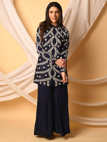 Chanderi Kurta And Crepe Pant Navy Blue
