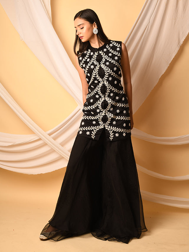 Chanderi Kurta And Organza Pant Black