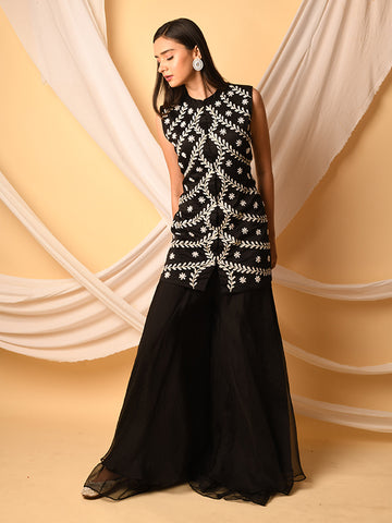Chanderi Kurta And Organza Pant Black
