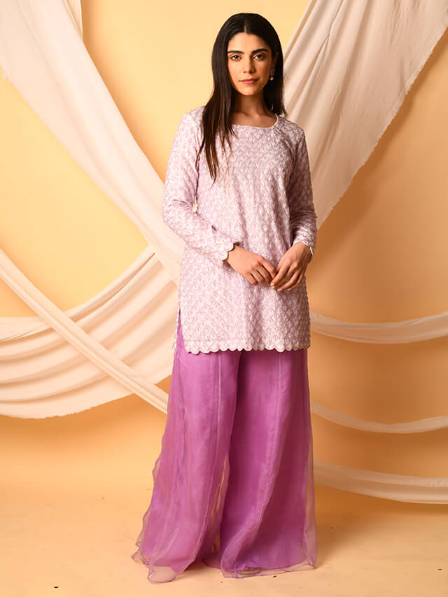 Chanderi Kurta And Organza Pant White/Lilac