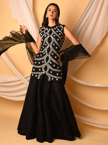 Chanderi Kurta With Organza Skirt And Dupatta