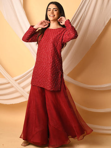 Chanderi Kurta And Organza Pant Maroon