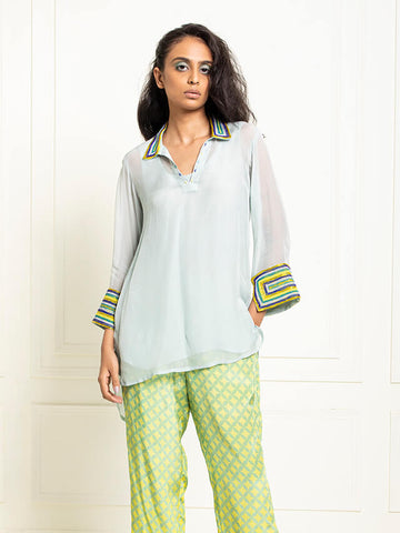 Organza Shirt With Gradient Printed Pants