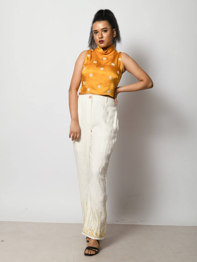 White Hand Embroidered Linen Pants