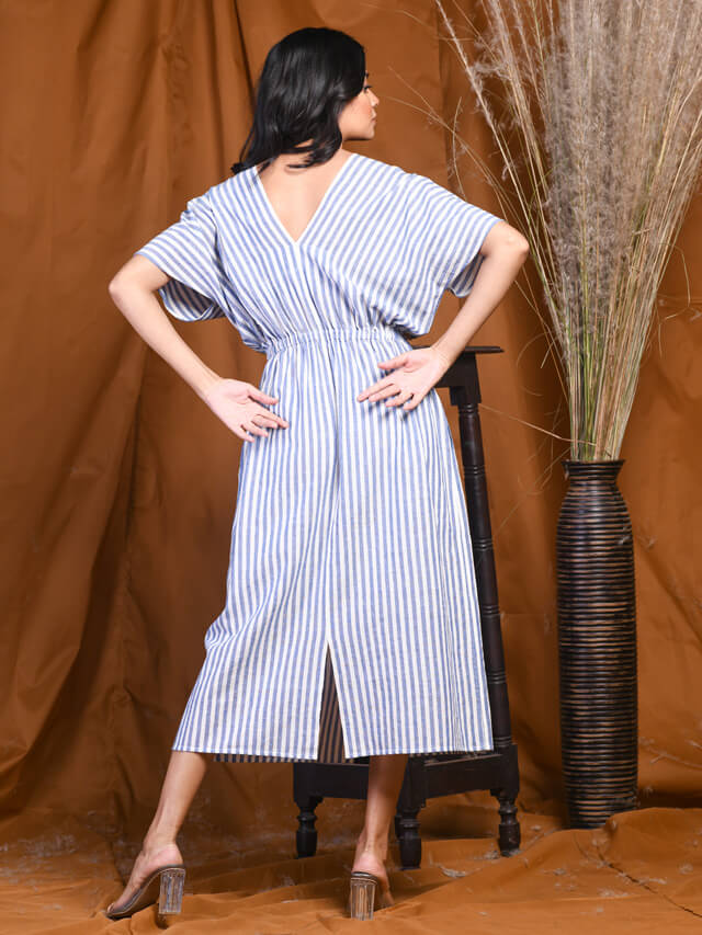 Aline White and Blue Striped Embellished Midi