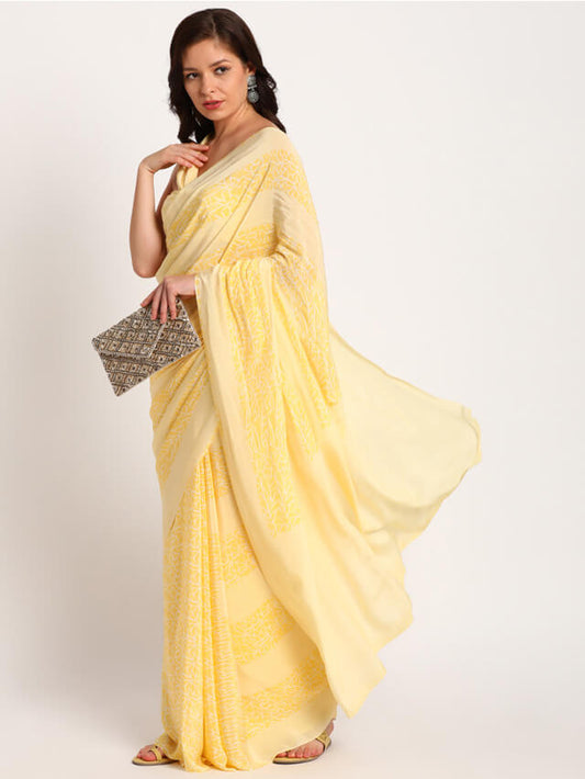 Yellow Doodle, Lines| Printed Saree|Crepe