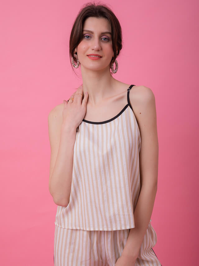 Beige Lurex Camisole Stripe Set