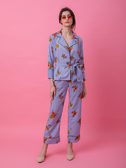 Blue Floral Stripe Robe Set