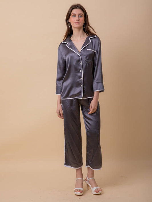 Grey Satin With White Piping Pyjama Set