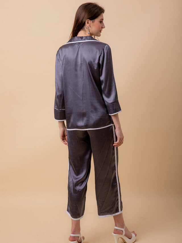 Grey Satin With White Piping Pyjama Set