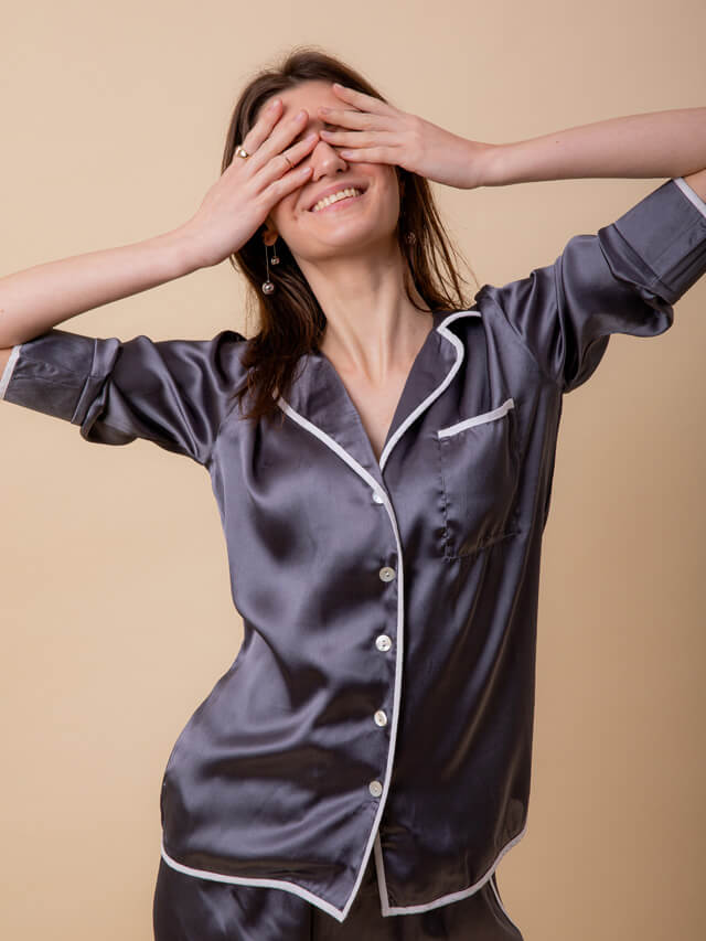 Grey Satin With White Piping Pyjama Set