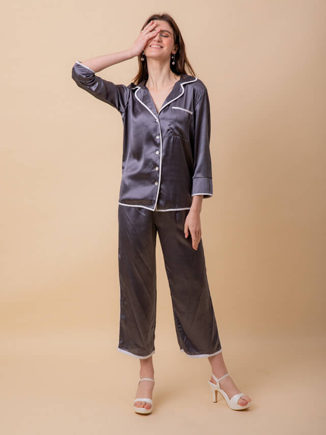 Grey Satin With White Piping Pyjama Set