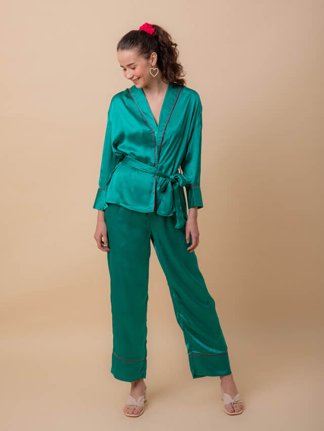 Luxe Satin Emerald Robe Set With Contrast Piping