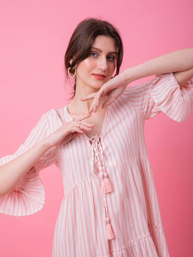 Pink lurex stripe babydoll dress