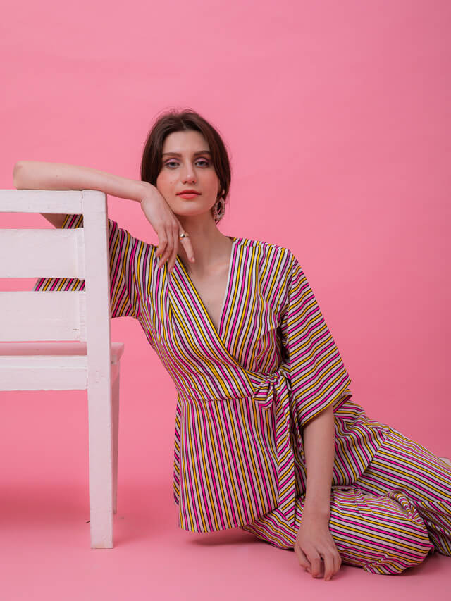 Multicolor yellow pink peplum stripe set