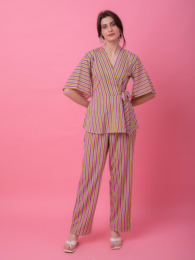 Multicolor yellow pink peplum stripe set