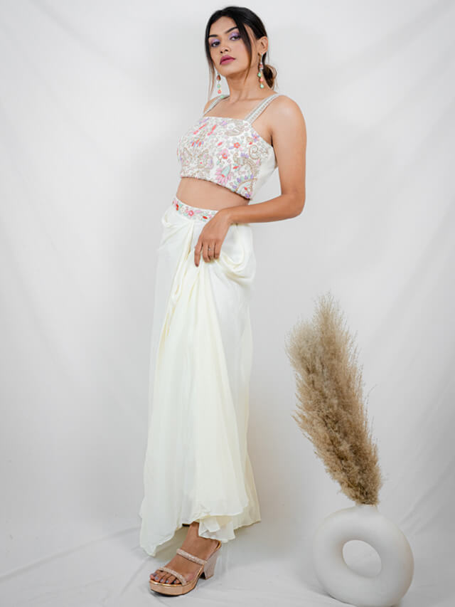 Crop top, drape skirt & cape jacket