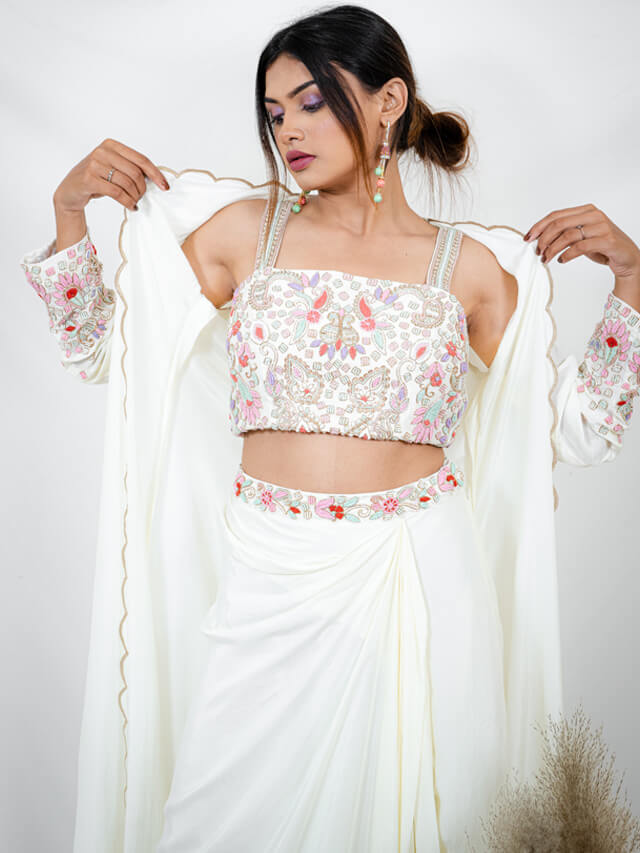Crop top, drape skirt & cape jacket