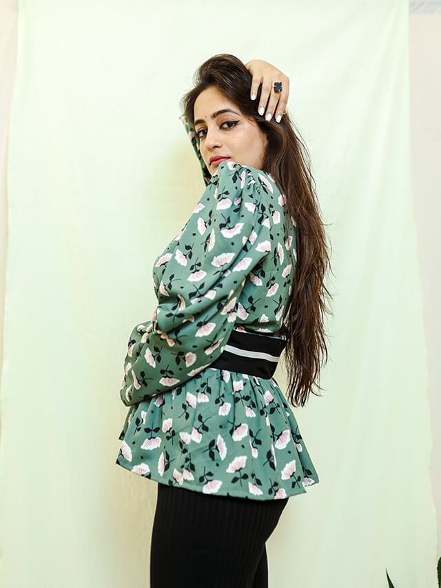 Teal floral print blouse