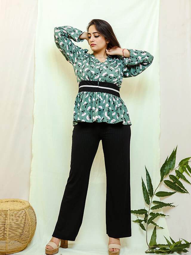 Teal floral print blouse