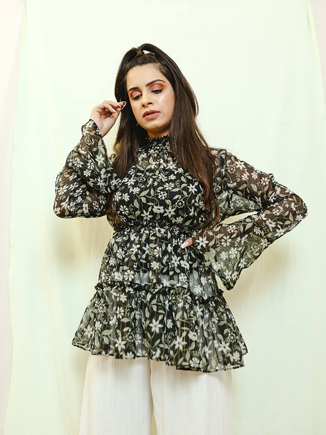 Green Floral Frill Blouse