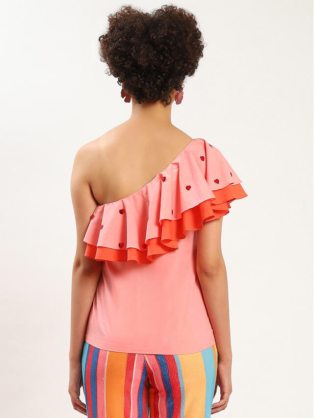 Peach lucia one shoulder ruffle top