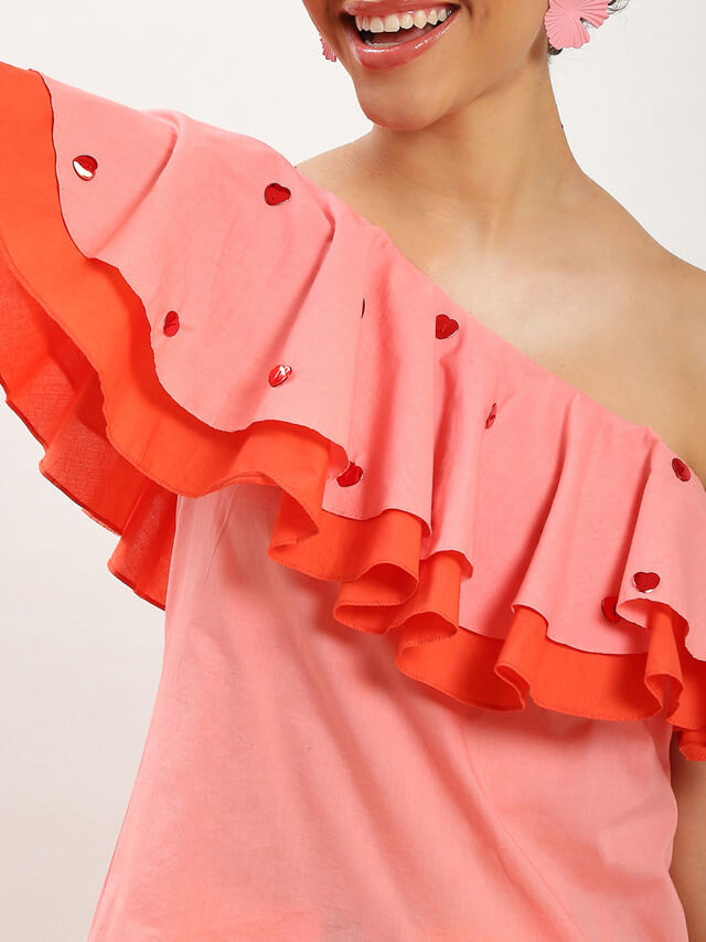 Peach lucia one shoulder ruffle top