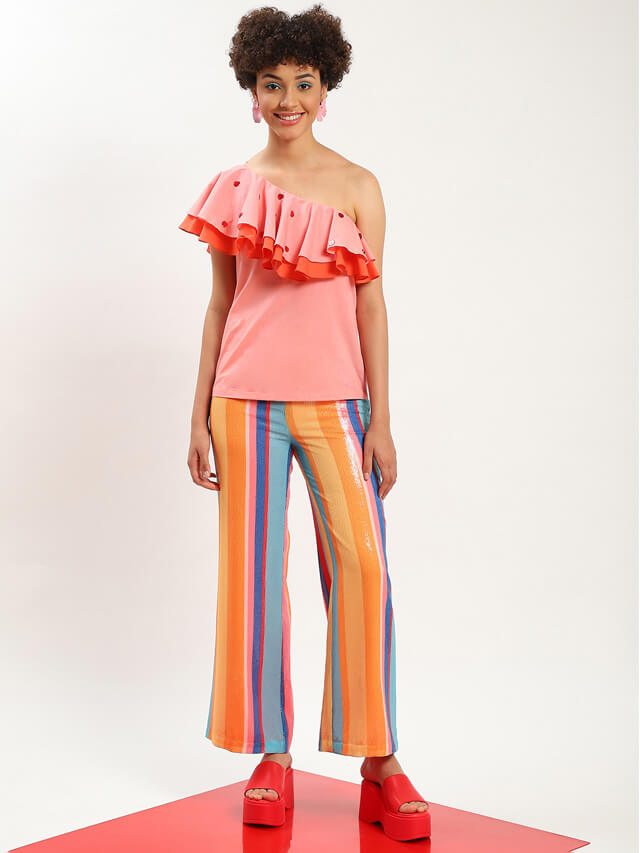 Peach lucia one shoulder ruffle top