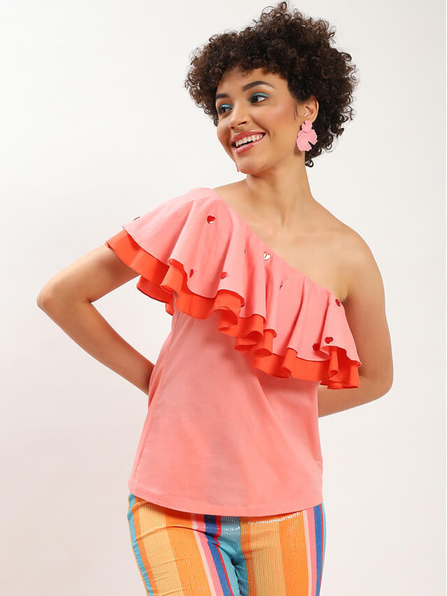 Peach lucia one shoulder ruffle top
