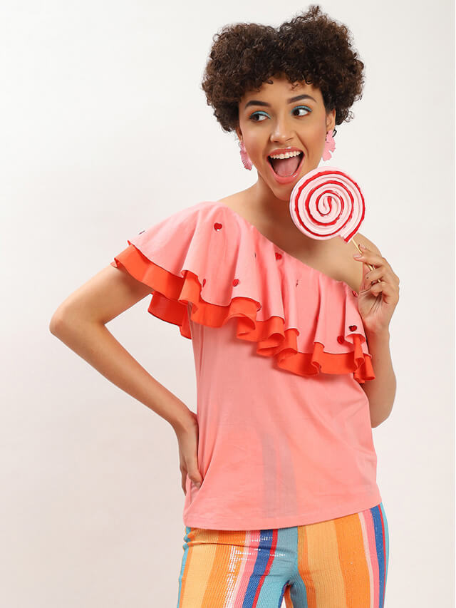Peach lucia one shoulder ruffle top