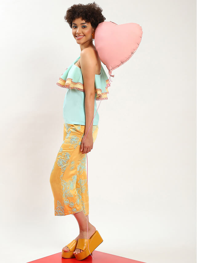 Aqua blue lucia one shoulder ruffle top