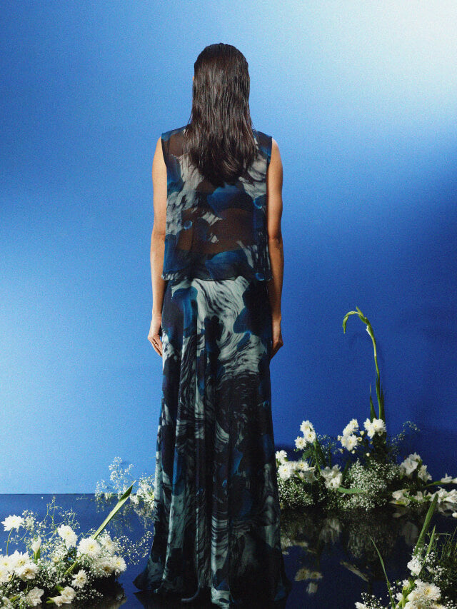 Blue Satin Printed Skirt Set