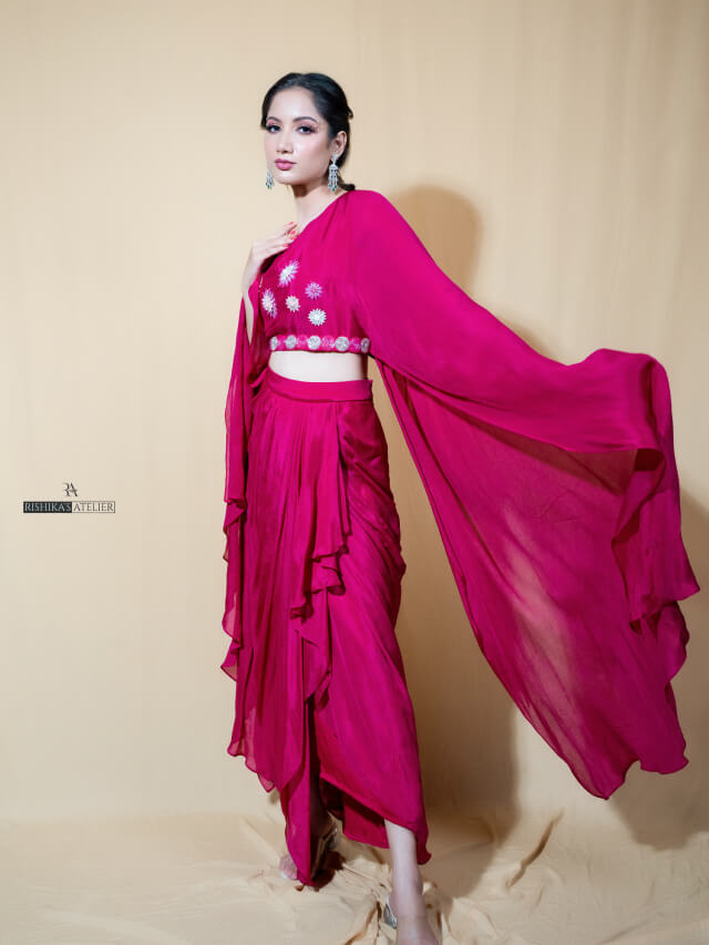 Rani pink embellished wings top paired with drape skirt