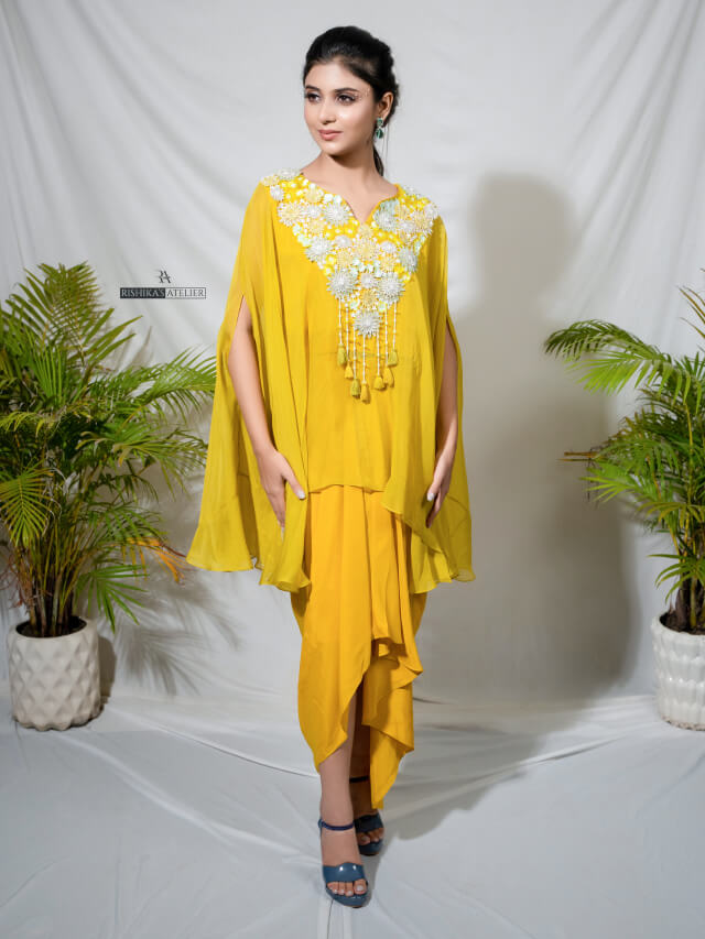 Mustard embellished translucent kaftan and drape skirt