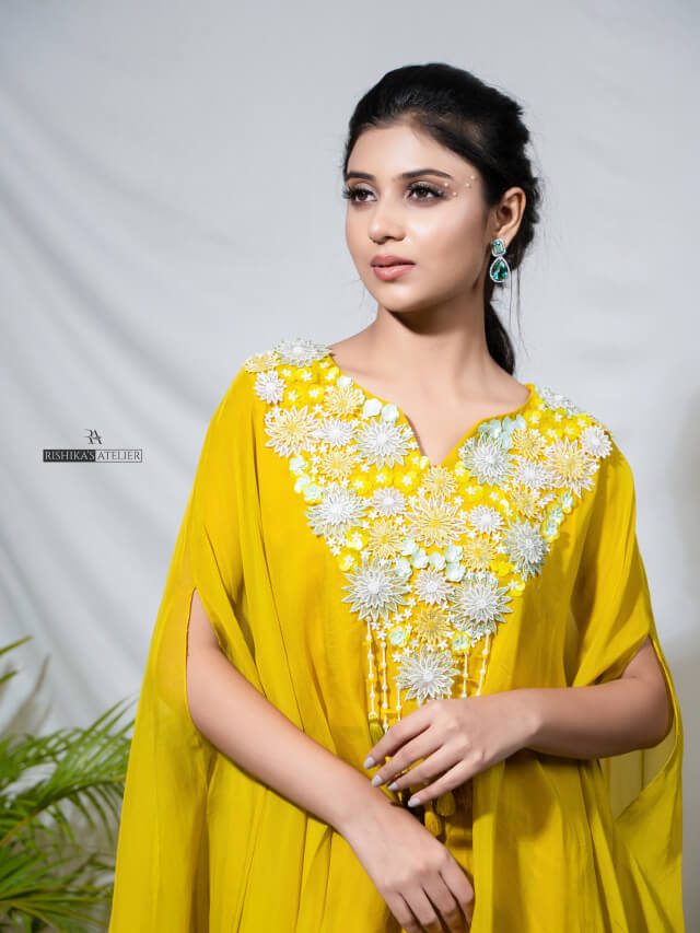 Mustard embellished translucent kaftan and drape skirt