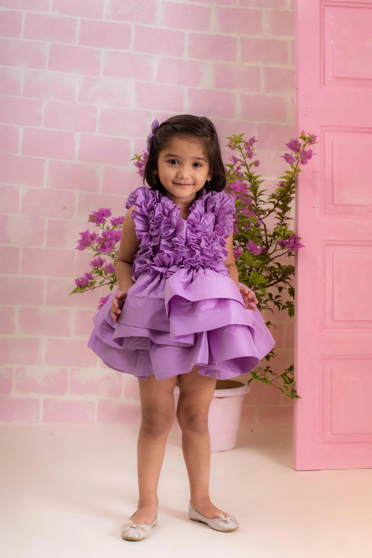 Hot Pink Ruched Ruffle Dress