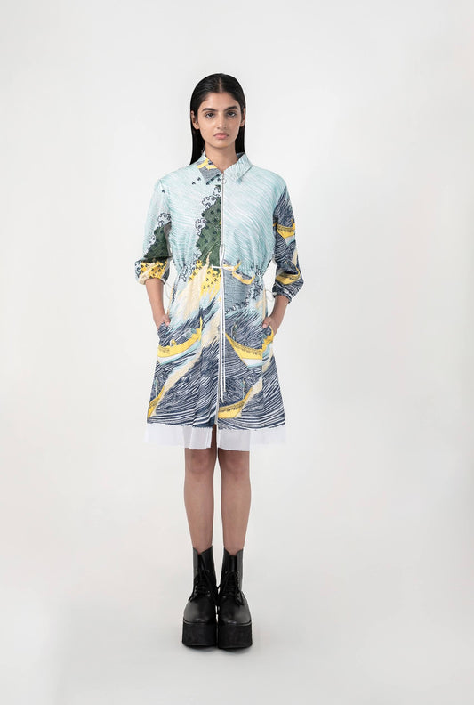 Edo wave embroidered short dress