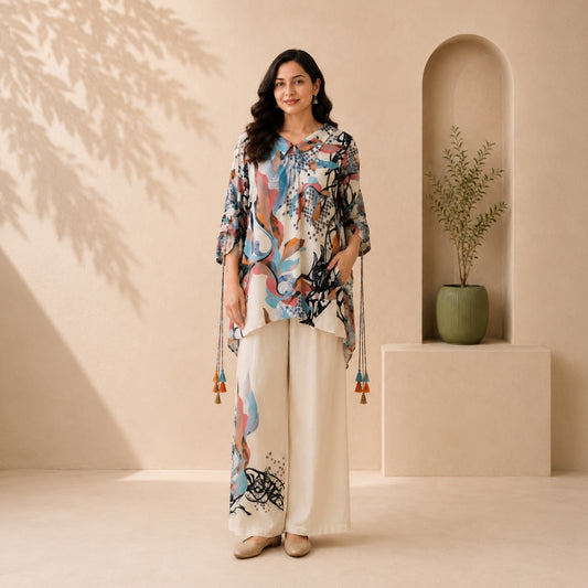 Co-ord set with a Tasselled Flat Collar Top and Loose Pants