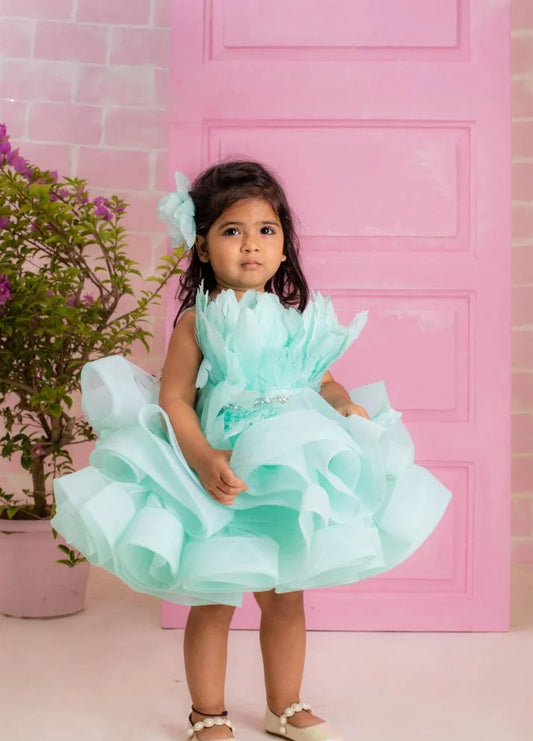 Sea Blue Feather Ruffle Dress
