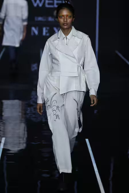 White Cotton Jacket Notch Lapel Jumpsuit Shirt Collar With Striped