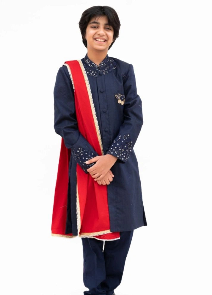 Blue Silk Sherwani with Pant & Red Stole