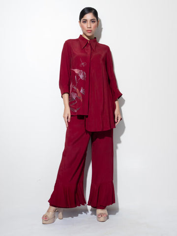 Asymmetric Bias Shirt with Frilled Trousers