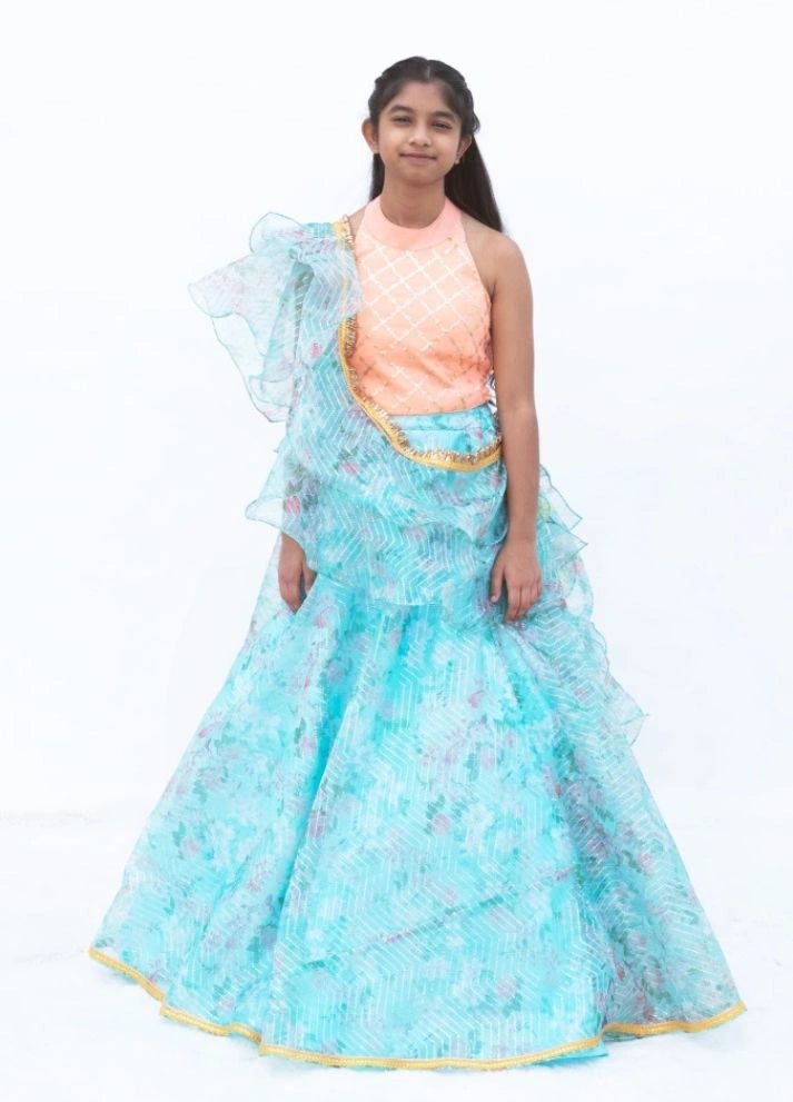 Peach Embroidered Choli withPrinted Organza Lehenga Set
