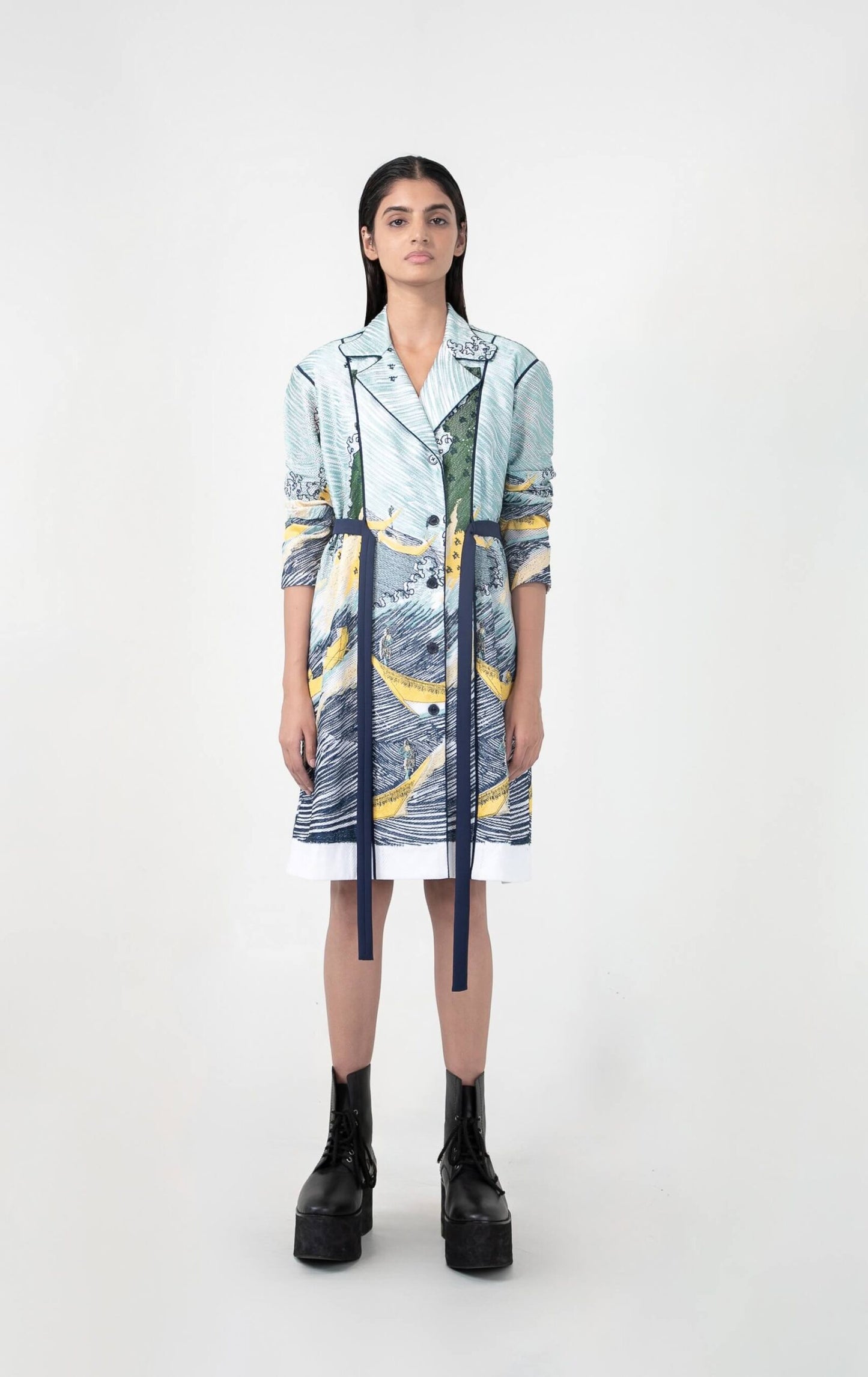 Edo wave embroidered coat dress