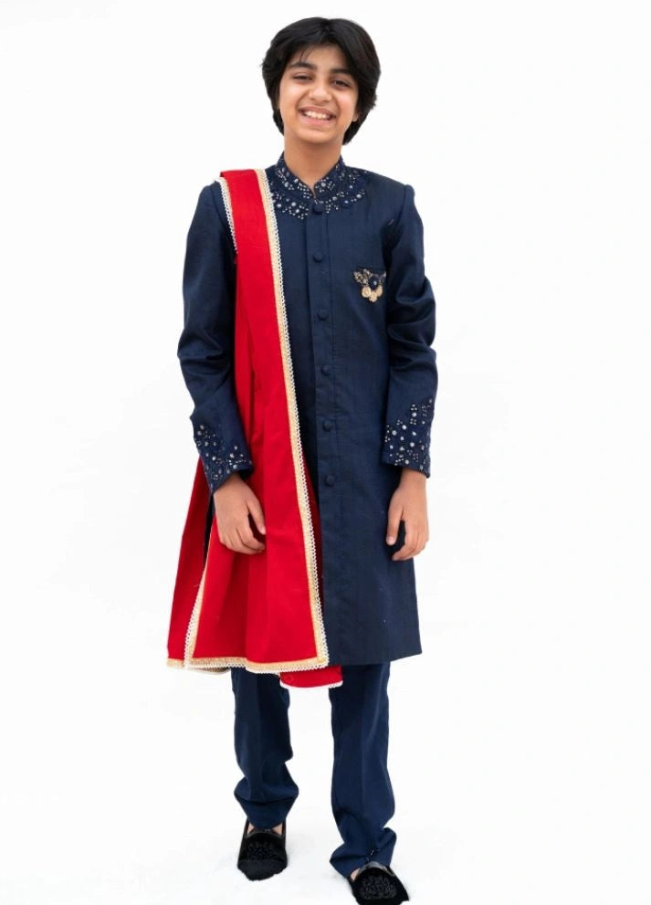 Blue Silk Sherwani with Pant & Red Stole