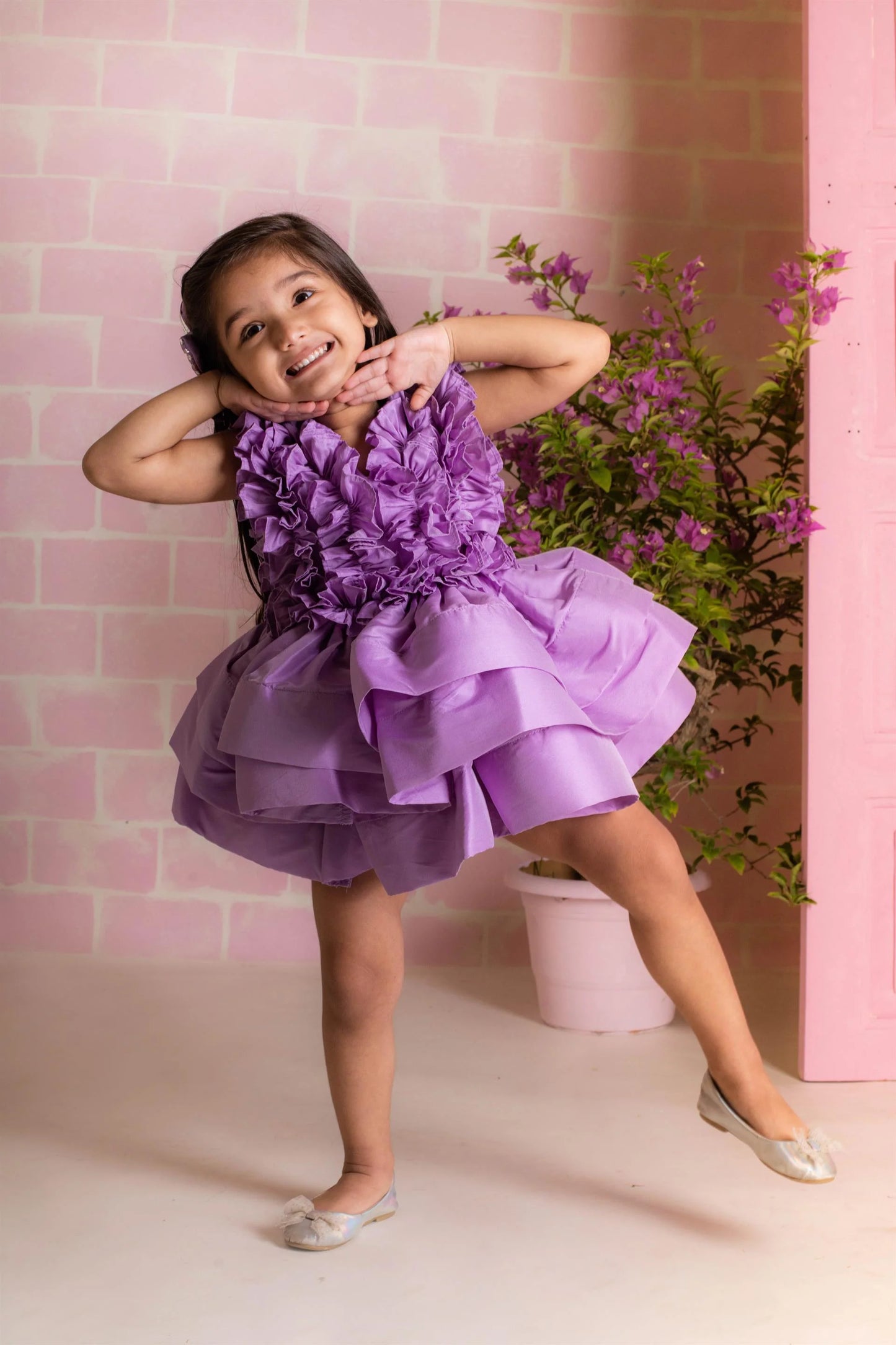 Hot Pink Ruched Ruffle Dress