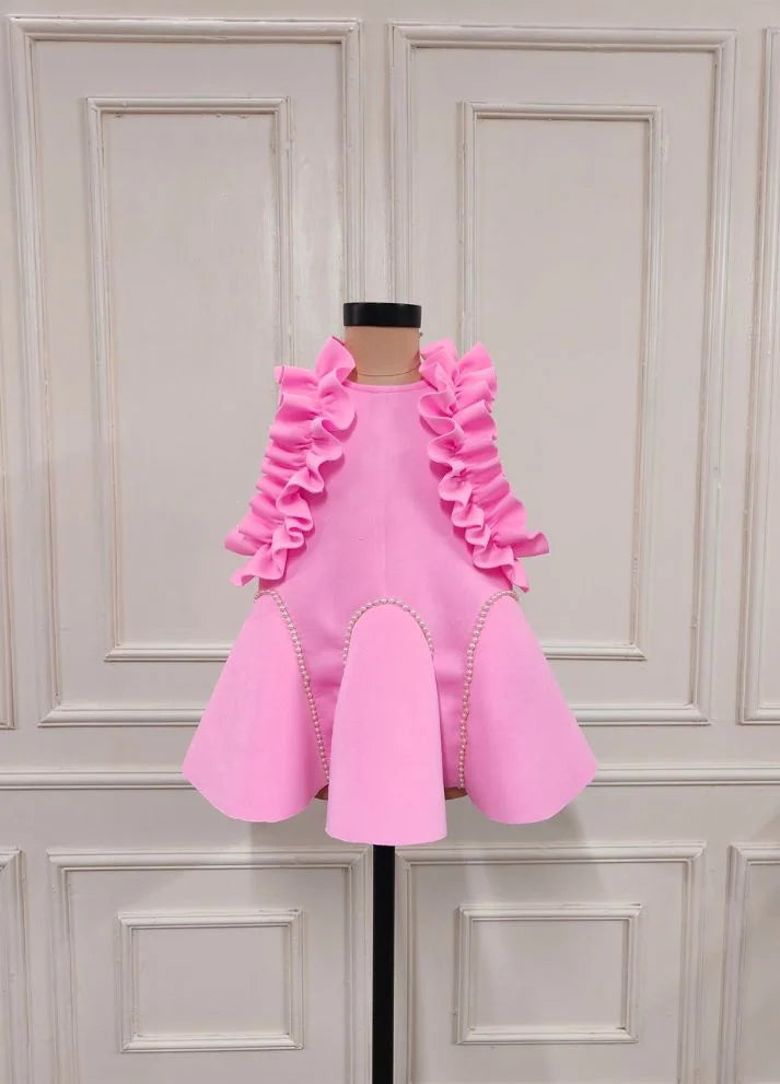 Pink Neoprene A-Line Dress with a Pattern