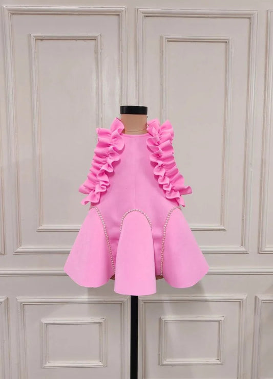 Pink Neoprene A-Line Dress with a Pattern