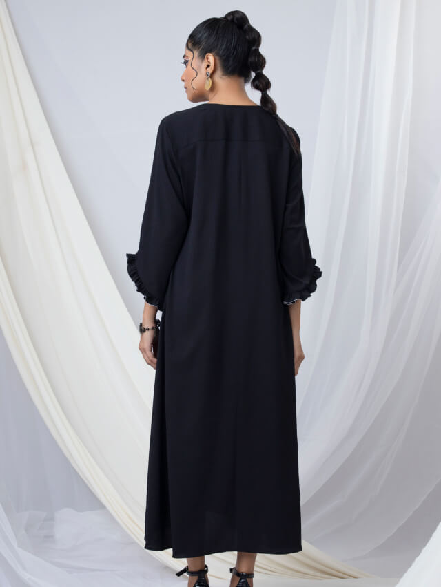 Frill Collar Double Pleated A-Line Dress with Beaded Embroidery Detail