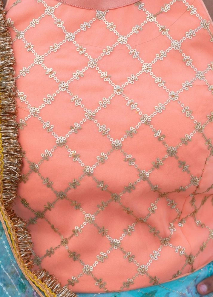 Peach Embroidered Choli withPrinted Organza Lehenga Set